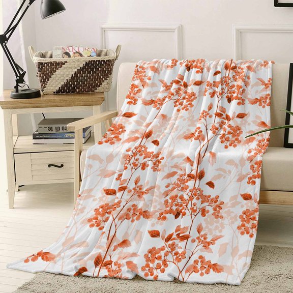Throw Blanket Fleece Throw Blanket 40x50in, Retro Orange Berry Tree Leaf Soft Lightweight Bed Blankets Watercolor Fruit Plant Art Fuzzy Couch Blankets for All Season