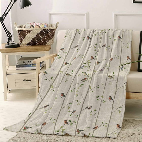 Throw Blanket Fleece Throw Blanket 40x50in, Rustic Birds on Tree Branch Soft Lightweight Bed Blankets Spring Pastoral Nature Scenery Fuzzy Couch Blankets for All Season