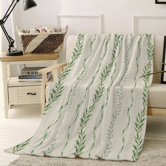 Throw Blanket Fleece Throw Blanket 40x50in, Rustic Botanical Leaves on Burlap Soft Lightweight Bed Blankets Foliage Vines Green Ribbon Fuzzy Couch Blankets for All Season