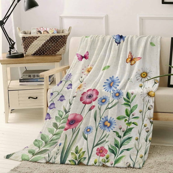 Throw Blanket Fleece Throw Blanket 40x50in, Rustic Colorful Flower Butterfly Soft Lightweight Bed Blankets Retro Pastoral Botanical Fuzzy Couch Blankets for All Season
