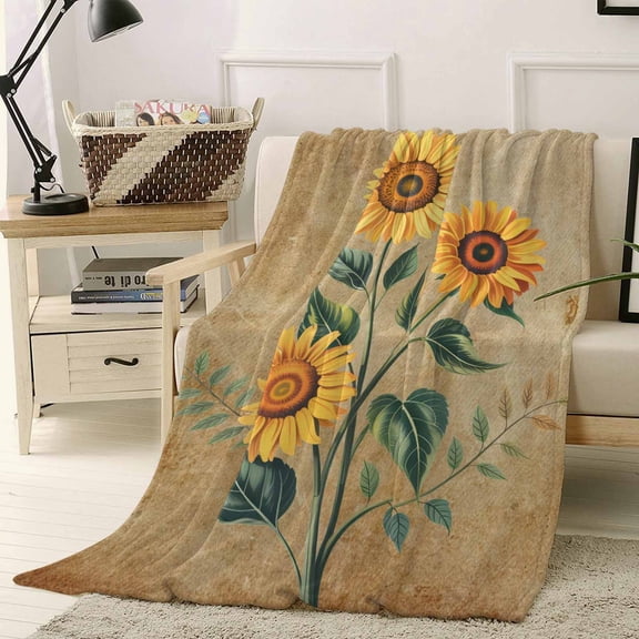 Throw Blanket Fleece Throw Blanket 40x50in, Rustic Farm Sunflowers Floral Soft Lightweight Bed Blankets Vintage Kraft Paper Fuzzy Couch Blankets for All Season