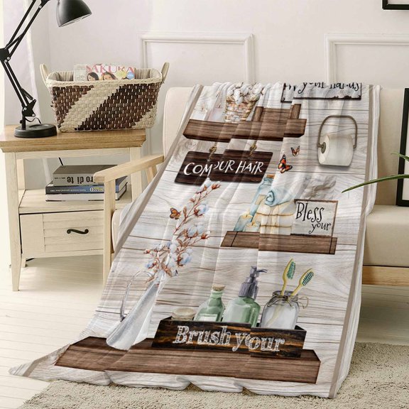 Throw Blanket Fleece Throw Blanket 40x50in, Rustic Flower Wood Butterfly Bottle Soft Lightweight Bed Blankets Bathroom Text Theme Fuzzy Couch Blankets for All Season