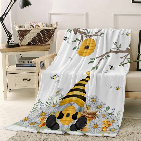 Throw Blanket Fleece Throw Blanket 40x50in, Rustic Gnome Bee Yellow Black Soft Lightweight Bed Blankets Pastoral Daisy Flower Leaf Fuzzy Couch Blankets for All Season