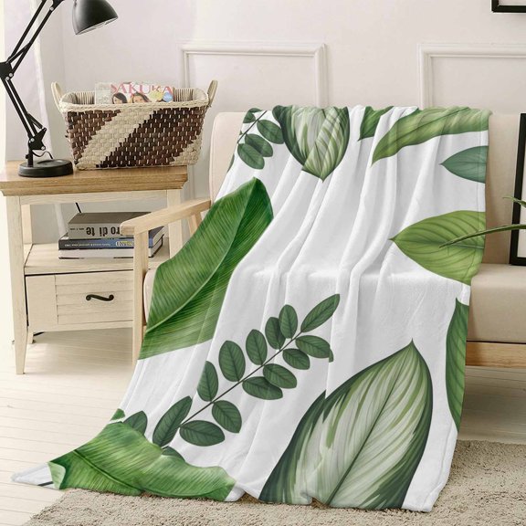Throw Blanket Fleece Throw Blanket 40x50in, Rustic Green Leaf Soft Lightweight Bed Blankets Watercolor Tropical Plant Fuzzy Couch Blankets for All Season
