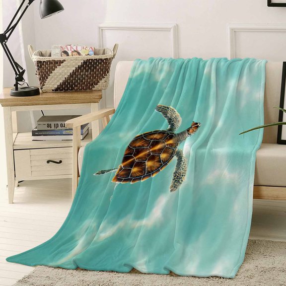 Throw Blanket Fleece Throw Blanket 40x50in, Sea Turtle Baby Swimming In Water Soft Lightweight Bed Blankets Blue Green Ocean Fuzzy Couch Blankets for All Season