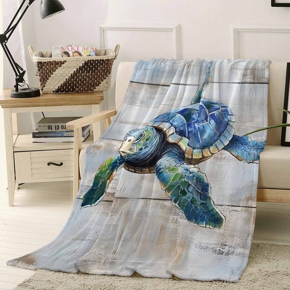 Throw Blanket Fleece Throw Blanket 40x50in, Sea Turtle on Farm Wood Board Soft Lightweight Bed Blankets Retro Striped Background Fuzzy Couch Blankets for All Season