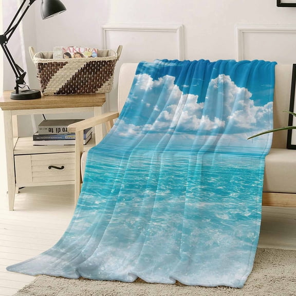Throw Blanket Fleece Throw Blanket 40x50in, Sea Wave Blue Sky White Clouds Soft Lightweight Bed Blankets Summer Beach Theme Fuzzy Couch Blankets for All Season
