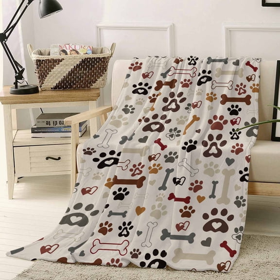 Throw Blanket Fleece Throw Blanket 40x50in, Seamless Dog Paw Bone Texture Soft Lightweight Bed Blankets Pet Claw Love Heart on Khaki Fuzzy Couch Blankets for All Season
