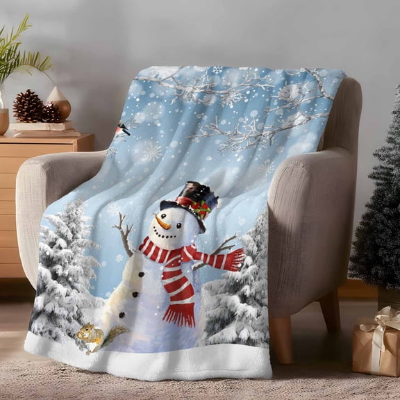 Throw Blanket Fleece Throw Blanket 40x50in, Snowman Christmas Tree Blue Gradient Soft Lightweight Bed Blankets Snow Branch Bird Fuzzy Couch Blankets for All Season