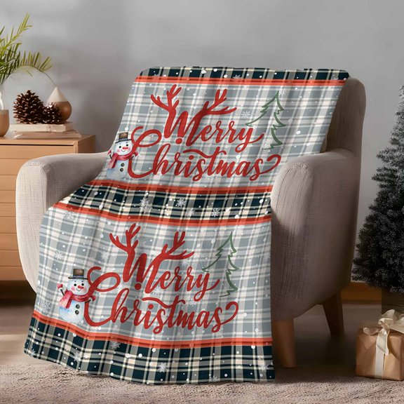 Throw Blanket Fleece Throw Blanket 40x50in, Snowman Merry Christmas Winter Snowflakes Soft Lightweight Bed Blankets Xmad Tree Retro Tartan Fuzzy Couch Blankets for All Season