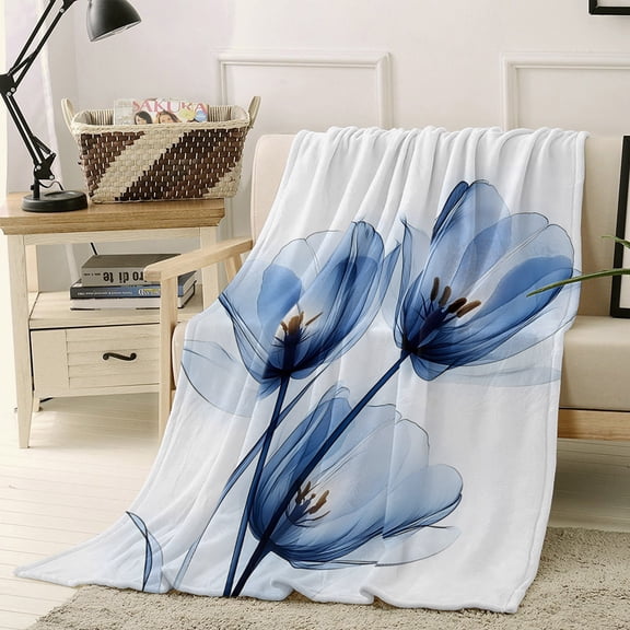 Throw Blanket Fleece Throw Blanket 40x50in, Spring Blossom Tulip Blue Flower Soft Lightweight Bed Blankets Abstract Transparent Floral Fuzzy Couch Blankets for All Season