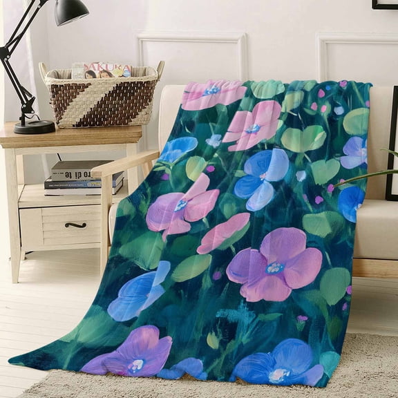 Throw Blanket Fleece Throw Blanket 40x50in, Spring Blue Pink Small Floral Soft Lightweight Bed Blankets Farmhouse Wildflower Leaf Fuzzy Couch Blankets for All Season