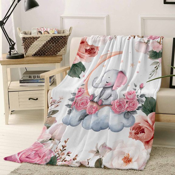 Throw Blanket Fleece Throw Blanket 40x50in, Spring Country Flowers Soft Lightweight Bed Blankets Moon Elephants Stars Clouds Fuzzy Couch Blankets for All Season