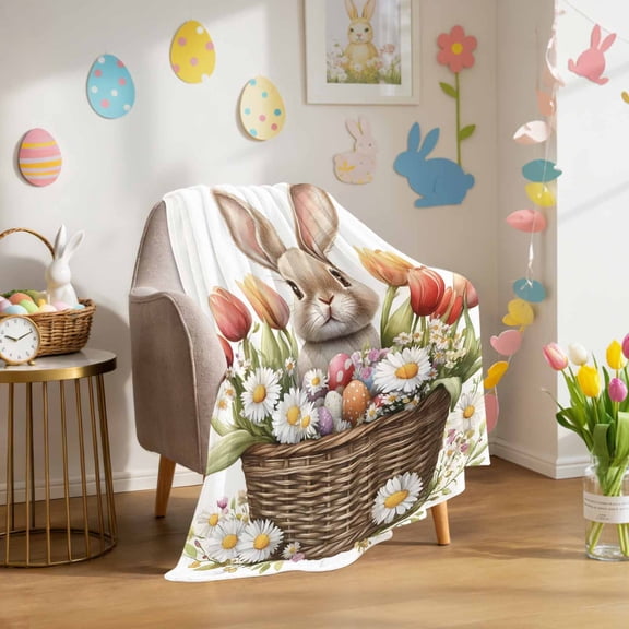 Throw Blanket Fleece Throw Blanket 40x50in, Spring Easter Cute Bunny Soft Lightweight Bed Blankets Flower Egg in Basket Fuzzy Couch Blankets for All Season