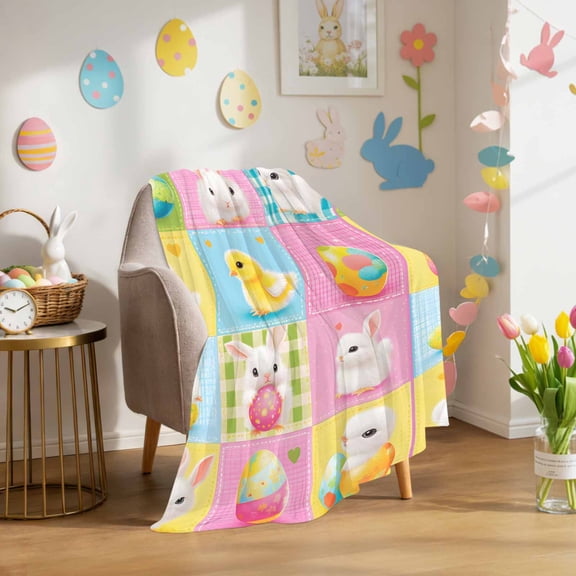 Throw Blanket Fleece Throw Blanket 40x50in, Spring Easter Cute Chick Rabbit Soft Lightweight Bed Blankets Colorful Egg Stitched Grid Fuzzy Couch Blankets for All Season