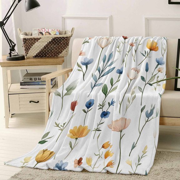 Throw Blanket Fleece Throw Blanket 40x50in, Spring Farm Blossom WildFlower Soft Lightweight Bed Blankets Spring Simple Plants Fuzzy Couch Blankets for All Season