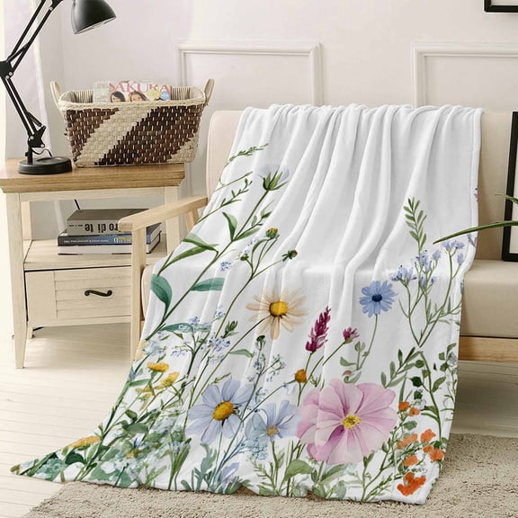 Throw Blanket Fleece Throw Blanket 40x50in, Spring Flower Daisy Herb Green Leaf Soft Lightweight Bed Blankets Farm Plant Watercolor Fuzzy Couch Blankets for All Season