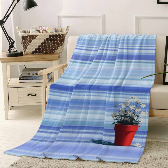 Throw Blanket Fleece Throw Blanket 40x50in, Spring Flower Daisy Red Potatoes Soft Lightweight Bed Blankets Gradient Blue Stripes Fuzzy Couch Blankets for All Season