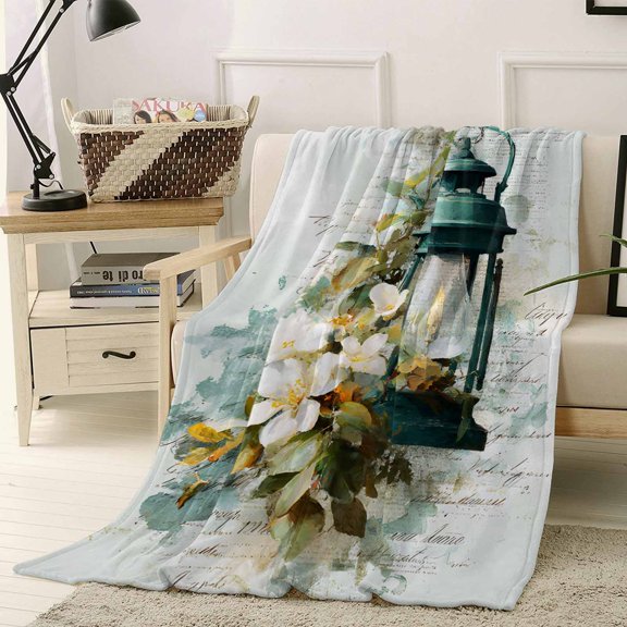 Throw Blanket Fleece Throw Blanket 40x50in, Spring Flowers Retro Letter Texture Soft Lightweight Bed Blankets Green Candle Lights Fuzzy Couch Blankets for All Season