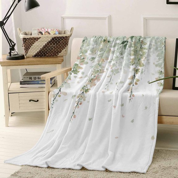 Throw Blanket Fleece Throw Blanket 40x50in, Spring Green Flower Leaves Soft Lightweight Bed Blankets Watercolor Hanging Floral Fuzzy Couch Blankets for All Season