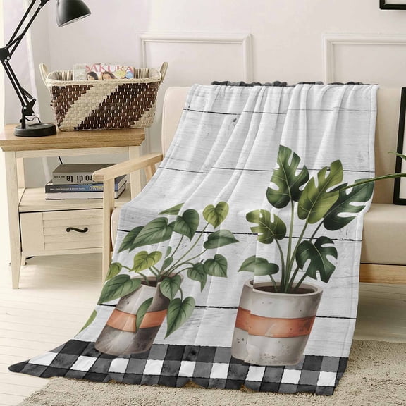Throw Blanket Fleece Throw Blanket 40x50in, Spring Green Leaves Pots on Wood Grain Soft Lightweight Bed Blankets Black Buffalo Plaid Fuzzy Couch Blankets for All Season