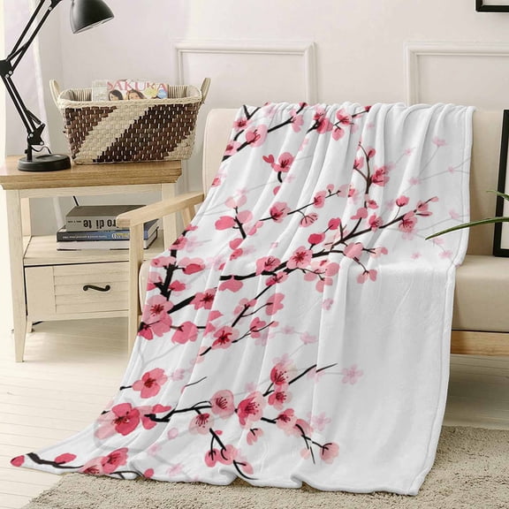 Throw Blanket Fleece Throw Blanket 40x50in, Spring Pink Floral Cherry Blossoms Soft Lightweight Bed Blankets Japanese Flowers Fuzzy Couch Blankets for All Season