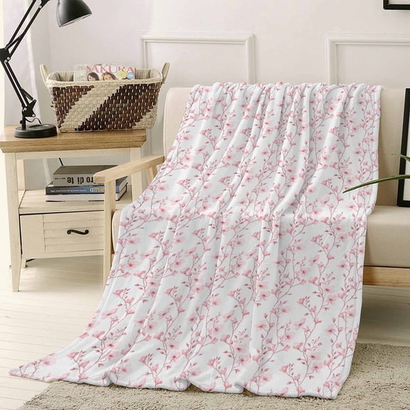 Throw Blanket Fleece Throw Blanket 40x50in, Spring Pink Flower Leaf Soft Lightweight Bed Blankets Farm Watercolor Floral Seamless Fuzzy Couch Blankets for All Season