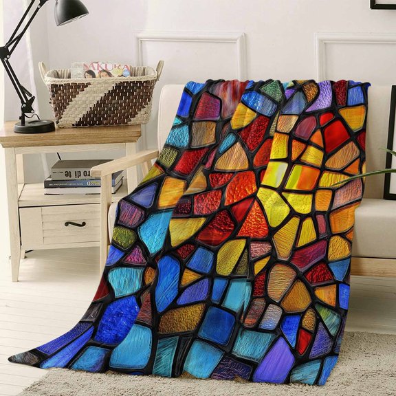 Throw Blanket Fleece Throw Blanket 40x50in, Stained Glass Colorful Gradient Soft Lightweight Bed Blankets Abstract Geometric Fuzzy Couch Blankets for All Season