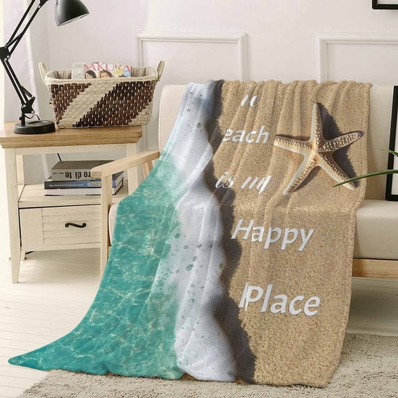 Throw Blanket Fleece Throw Blanket 40x50in, Starfish Summer Beach Sand Soft Lightweight Bed Blankets Sea Waves Teal Gradient Fuzzy Couch Blankets for All Season