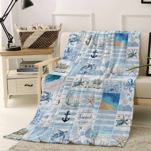 Throw Blanket Fleece Throw Blanket 40x50in, Summer Beach Nautical Anchor Starfish Soft Lightweight Bed Blankets Sea Turtle Coral Blue Plaid Fuzzy Couch Blankets for All Season
