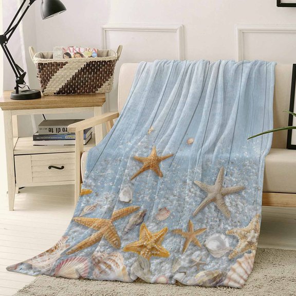 Throw Blanket Fleece Throw Blanket 40x50in, Summer Beach Sea Star Nut Shell Soft Lightweight Bed Blankets Farm Blue Wood Fuzzy Couch Blankets for All Season