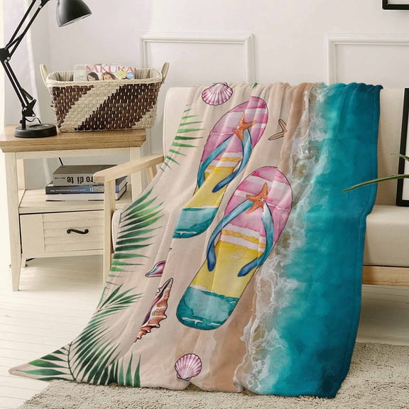 Throw Blanket Fleece Throw Blanket 40x50in, Summer Beach Starfish Flip Flops Soft Lightweight Bed Blankets Ocean Scenery Leaf Shell Fuzzy Couch Blankets for All Season