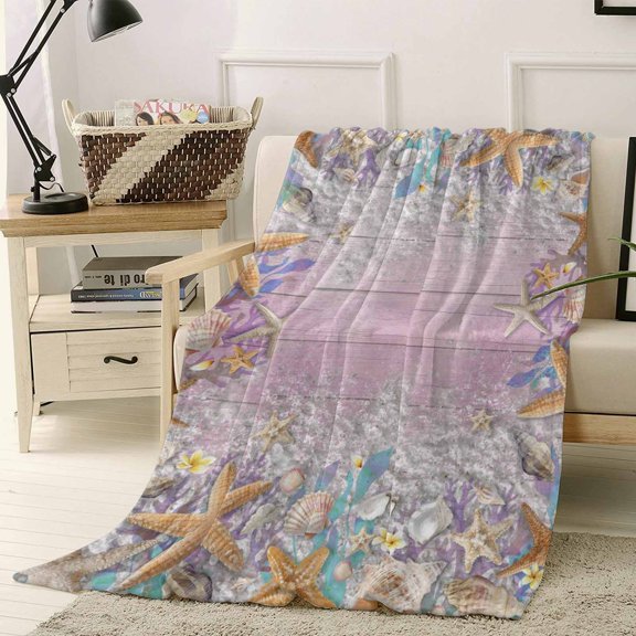 Throw Blanket Fleece Throw Blanket 40x50in, Summer Beach Starfish Shell Soft Lightweight Bed Blankets Gradient Wooden Plank Fuzzy Couch Blankets for All Season