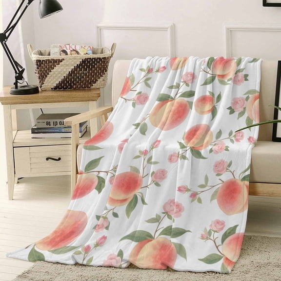Throw Blanket Fleece Throw Blanket 40x50in, Summer Fruit Pink Honey Peach Soft Lightweight Bed Blankets Watercolor Plants Fuzzy Couch Blankets for All Season
