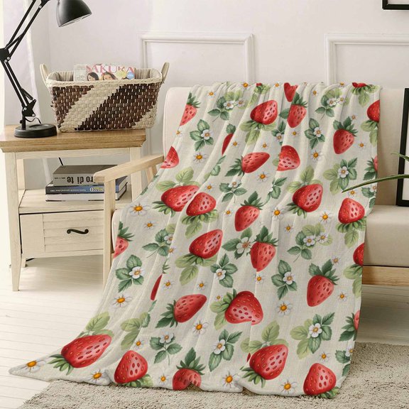Throw Blanket Fleece Throw Blanket 40x50in, Summer Fruits Strawberries Soft Lightweight Bed Blankets Watercolor Plant Art Fuzzy Couch Blankets for All Season