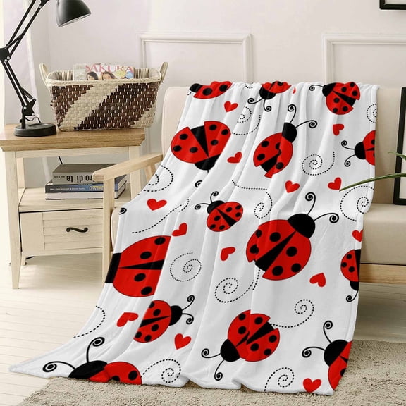 Throw Blanket Fleece Throw Blanket 40x50in, Summer Ladybug Red Love Soft Lightweight Bed Blankets Fun Cartoon Animal Fuzzy Couch Blankets for All Season