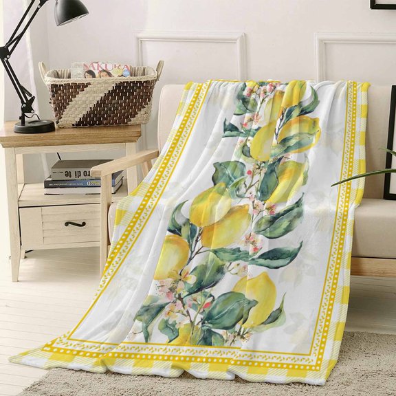 Throw Blanket Fleece Throw Blanket 40x50in, Summer Lemon Farm Sketch Leaf Soft Lightweight Bed Blankets Rural Fruit Yellow Buffalo Grid Fuzzy Couch Blankets for All Season