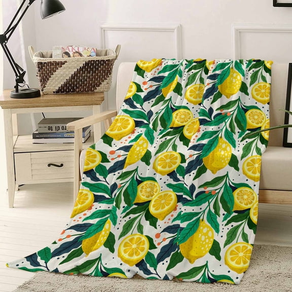 Throw Blanket Fleece Throw Blanket 40x50in, Summer Lemon Green Leaves Soft Lightweight Bed Blankets Country Style Plant Fuzzy Couch Blankets for All Season