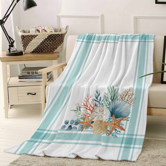 Throw Blanket Fleece Throw Blanket 40x50in, Summer Marine Life Shells Corals Soft Lightweight Bed Blankets Green Striped Fuzzy Couch Blankets for All Season