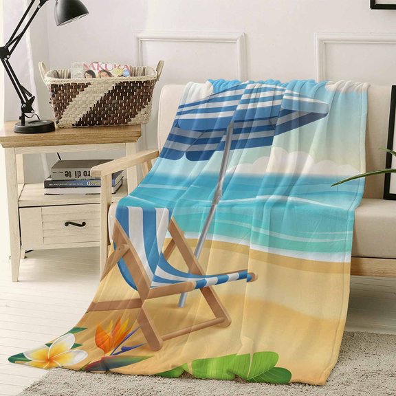 Throw Blanket Fleece Throw Blanket 40x50in, Summer Ocean Beach Lounger Soft Lightweight Bed Blankets Tropical Plants Blue Sky Fuzzy Couch Blankets for All Season