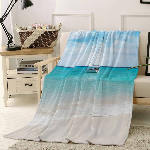 Throw Blanket Fleece Throw Blanket 40x50in, Summer Ocean Beach Sailboat Soft Lightweight Bed Blankets Coastal Scene Blue Sky Fuzzy Couch Blankets for All Season