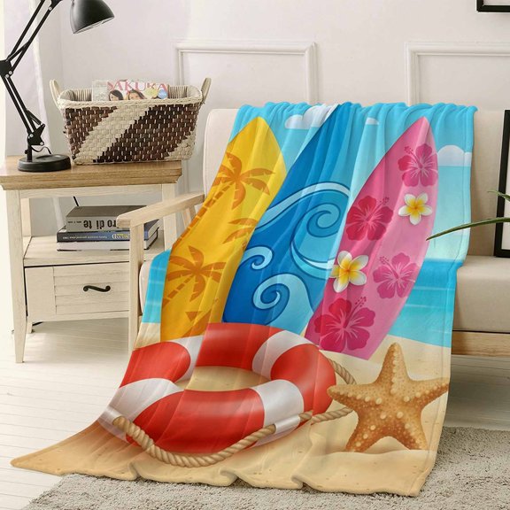 Throw Blanket Fleece Throw Blanket 40x50in, Summer Ocean Beach Surfboard Soft Lightweight Bed Blankets Swim Rings Starfish Blue Sky Fuzzy Couch Blankets for All Season