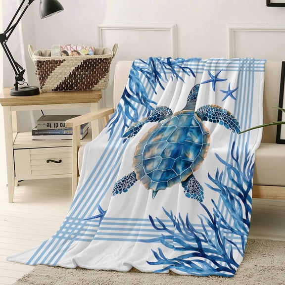 Throw Blanket Fleece Throw Blanket 40x50in, Summer Ocean Blue Turtle on White Soft Lightweight Bed Blankets Sea Starfish Coral Fuzzy Couch Blankets for All Season