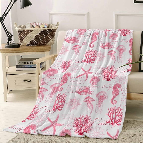 Throw Blanket Fleece Throw Blanket 40x50in, Summer Ocean Pink Starfish Coral Soft Lightweight Bed Blankets Seaside Watercolor Animal Fuzzy Couch Blankets for All Season