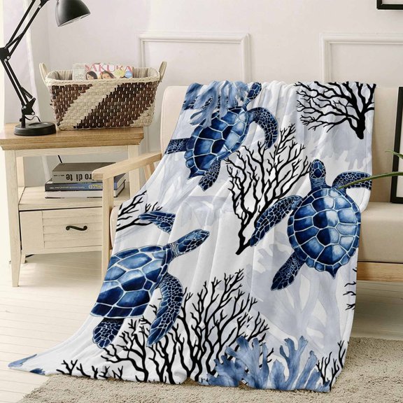Throw Blanket Fleece Throw Blanket 40x50in, Summer Ocean Sea Turtles Soft Lightweight Bed Blankets Abstract Coral Blue Gray Fuzzy Couch Blankets for All Season