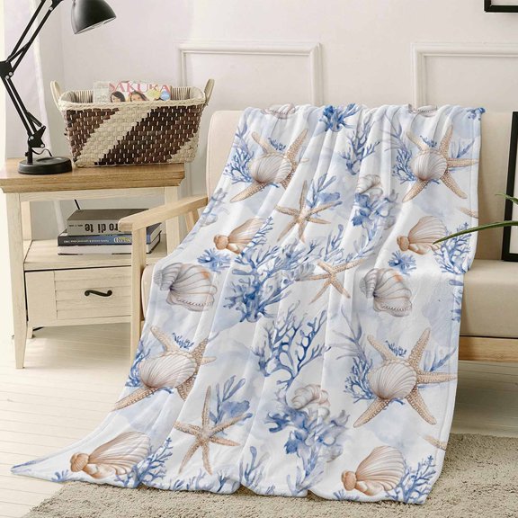 Throw Blanket Fleece Throw Blanket 40x50in, Summer Ocean Shells Starfish Soft Lightweight Bed Blankets Blue Coral Seamless Fuzzy Couch Blankets for All Season