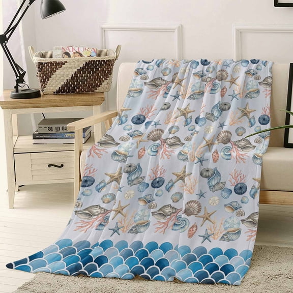 Throw Blanket Fleece Throw Blanket 40x50in, Summer Ocean Starfish Coral Soft Lightweight Bed Blankets Gradient Blue Fish Scale Fuzzy Couch Blankets for All Season