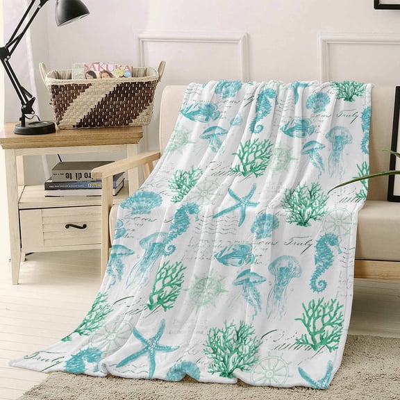 Throw Blanket Fleece Throw Blanket 40x50in, Summer Ocean Teal Starfish Coral Soft Lightweight Bed Blankets Vintage Watercolor Anchor Fuzzy Couch Blankets for All Season