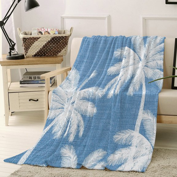 Throw Blanket Fleece Throw Blanket 40x50in, Summer Palm Tree on Blue Soft Lightweight Bed Blankets Tropical Plant Retro Linen Texture Fuzzy Couch Blankets for All Season