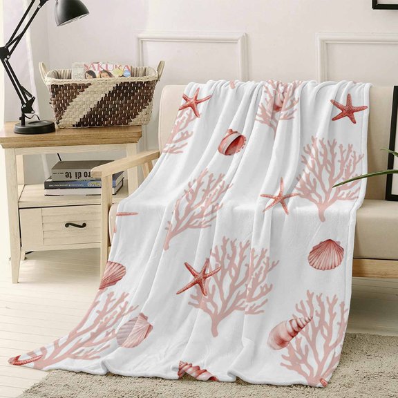 Throw Blanket Fleece Throw Blanket 40x50in, Summer Pink Sea Shells Corals Soft Lightweight Bed Blankets Candle Sea Screws Fuzzy Couch Blankets for All Season